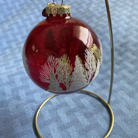 Bronner's Christmas Ornament GOLD Flocked Trees Hungary RED Glass Ball 3" Round - Picture 6 of 8